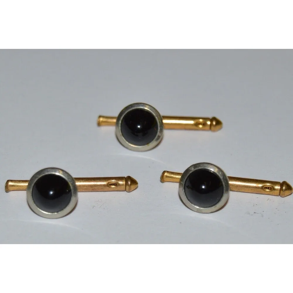Vintage Black & Gold Circular Ornate Art Deco Button Studs Lot of 3 RARE